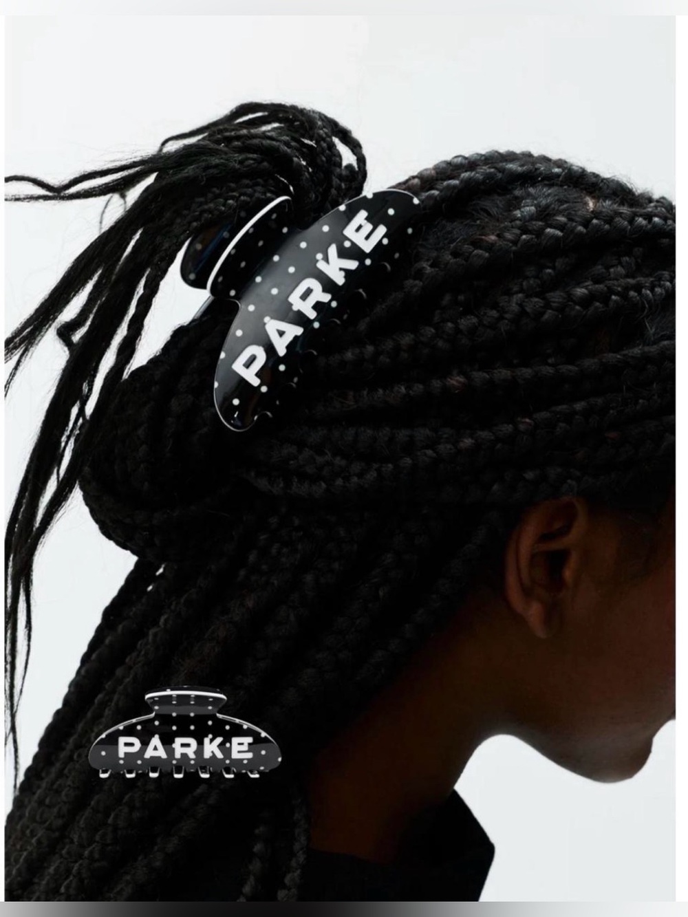 Parke “exclusive polka dot drop” black with white polka dot claw clip